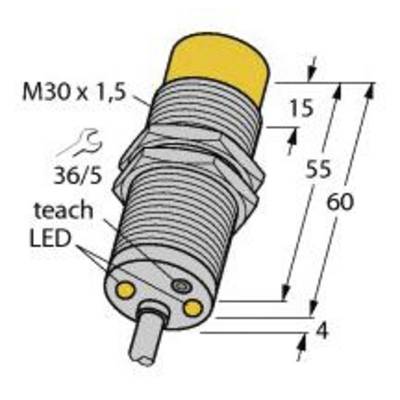 Czujnik, kształt cylindryczny, wymiary oznaczone: M30 x 1,5, długość 60 mm. Widok z boku przedstawia podłączenie, wskaźnik LED i ustawienie narzędzia.