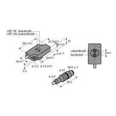 Diagram przedstawia rysunki techniczne prostokątnego czujnika elektronicznego z wyświetlaczami LED, oznaczeniami wymiarów oraz złączem M12.