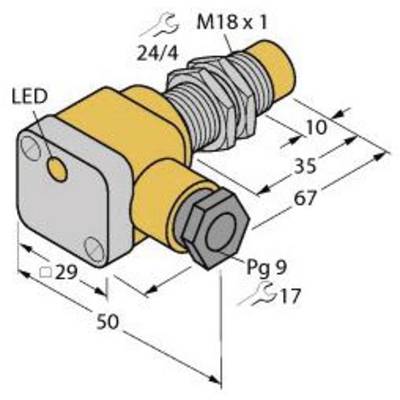Elektryczny sensor ze wskaźnikiem LED. Obudowa: 50x29 mm. Gwint M18 x 1, długość przewodu: 67 mm. Dwa klucze: 24/4 i 17 mm.