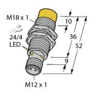 Rysunek techniczny cylindrycznego czujnika z gwintem M18 x 1 i M12 x 1. Wymiary: 10, 36, 52 mm. Wskaźnik LED 24/4.