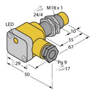 Rysunek techniczny żółtego czujnika z wskaźnikiem LED o wymiarach: 29 mm, długość 50 mm, gwint M18x1, złącze Pg 9.