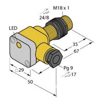 Rysunek techniczny złącza kątowego. Wymiary: długość 50 mm, szerokość 29 mm, wysokość 35 mm. Gwint M18 x 1.