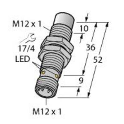 'Czujnik z gwintem M12 x 1 i wskaźnikiem LED. Wymiary: długość 52 mm, średnica 12 mm, odległość do diody LED 36 mm, głębokość gwintu 10 mm.'
