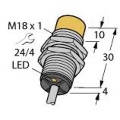 Rysunek cylindrycznego czujnika z gwintem M18 x 1, z żółtą górną powierzchnią. Oznaczenia wskazują wymiary: 10, 30 i 4 mm. 24/4 LED.