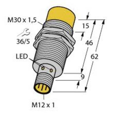 Szkic cylindrycznego czujnika z gwintem M30 x 1,5, ze wskaźnikiem LED, o długości 62 mm. Oznaczony odległościami i wymiarami.