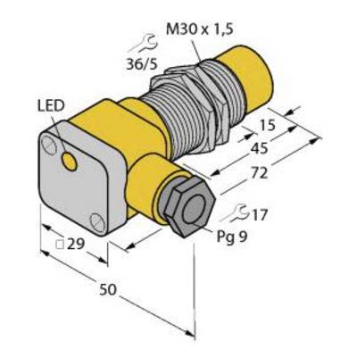 Ilustracja cylindrycznego czujnika z gwintem M30x1,5, wymiarami, wskaźnikiem LED i podłączeniami elektrycznymi.
