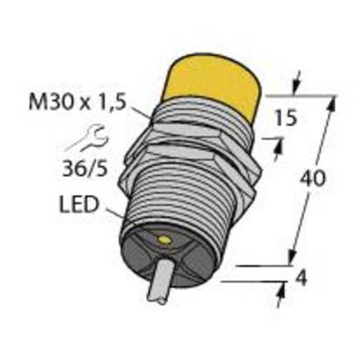 'Wymiary cylindrycznego czujnika: M30 x 1,5; całkowita długość 40 mm; wskaźnik LED, rozmiar klucza 36/5, żółta końcówka.'