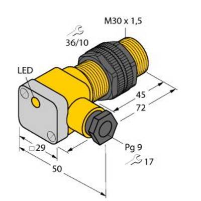 Żółta, cylindryczna część maszyny z gwintem M30x1,5. Wymiary: 50 mm długości, 29 mm szerokości, 45 mm wysokości. Z wyświetlaczem LED.