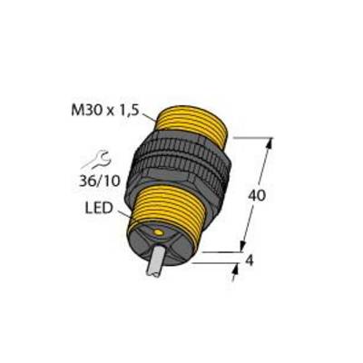 Wymiary cylindrycznego złącza: gwint M30 x 1,5, długość 40 mm, rozstaw krawędzi 4 mm, zintegrowany z diodą LED.