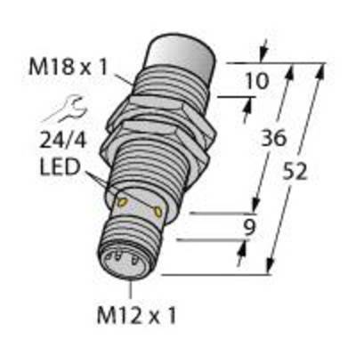 Czarno-białe diagram cylindrycznego złącza z gwintem 'M18 x 1' i 'M12 x 1'. Wymiary: 10, 36, 52, 9 mm.