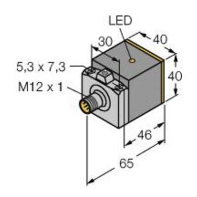 Rysunek prostokątnego czujnika z diodą LED na górze, gwintem M12 z przodu i wymiarami: 65x46x40 mm.