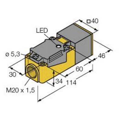 Rysunek techniczny prostokątnego elementu o wymiarach 114 x 60 x 40 mm, oznaczona dioda LED, gwint M20 x 1,5.