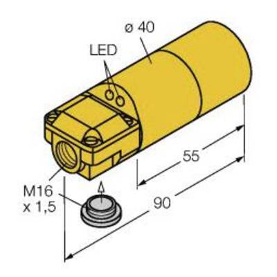 Cylindryczny czujnik na diagramie technicznym o wymiarach: długość 90 mm, średnica 40 mm. Uwagi: wskaźnik LED, gwint M16 x 1,5.