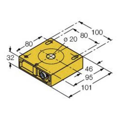 Rysunek techniczny prostokątnej obudowy metalowej o wymiarach: 100 mm długości, 80 mm szerokości, 32 mm wysokości. Okrągły otwór o średnicy 20 mm.