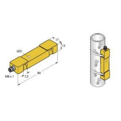 Diagram żółtego, prostokątnego czujnika z diodą LED i gniazdem M8, o wymiarach 80 x 17 x 12 mm, zamontowanego na rurze za pomocą śrub.