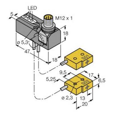 Rysunek techniczny złącza z interfejsem M12 i wskaźnikiem LED. Podane wymiary i kąty. Dwie żółte komponenty oznaczone jako S01 i S02.