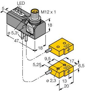 Rysunek techniczny wtyczki urządzenia M12 x 1 z żółtym blokiem przyłączeniowym S01 i S02, wraz z wymiarowaniem w milimetrach.