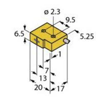 Żółty element konstrukcyjny o wymiarach: 9,5 x 5,25 x 6,5 mm, średnica otworu 2,3 mm. Strzałki wskazują wymiary w milimetrach.
