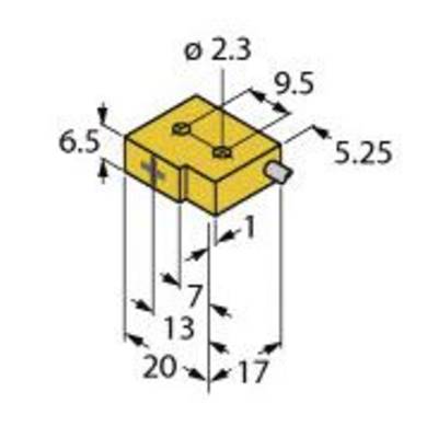 Rysunek techniczny żółtego, prostokątnego elementu z wymiarami: długość 20 mm, szerokość 6,5 mm, wysokość 9,5 mm, średnica otworu 2,3 mm.