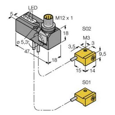 Rysunek techniczny elementu elektronicznego z wyświetlaczem LED, złączem M12 x 1. Dwa czujniki S01 i S02 są połączone.