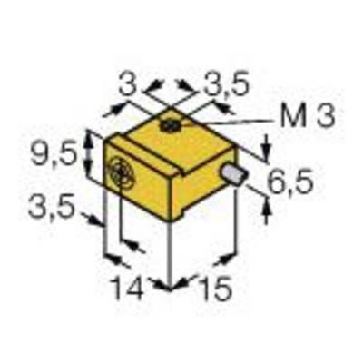 Rysunek techniczny prostokątnego żółtego elementu o wymiarach: 14x15 mm, wysokość 9,5 mm. Oznaczone otwory i przyłącza.