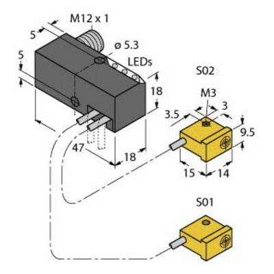 Rysunek techniczny urządzenia elektrycznego z wymiarami. Dwa mniejsze elementy (S01, S02) są połączone przewodem. Opisy wskazują wymiary i pozycje.