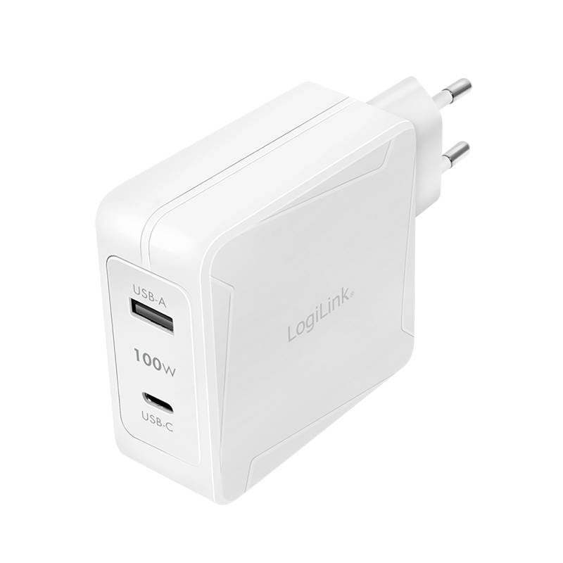 Białą ładowarkę z dwoma złączami: USB-A i USB-C. Na ładowarce widnieje napis 'LogiLink' oraz '100W'.