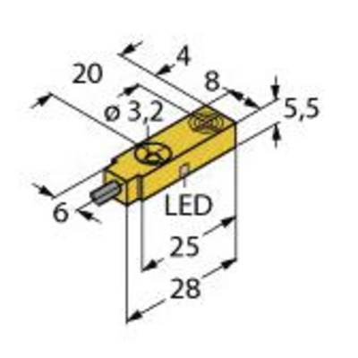 Rysunek techniczny prostokątnego elementu z diodą LED, oznaczony wymiarami: 20 mm długości, 6 mm szerokości, 8 mm wysokości.