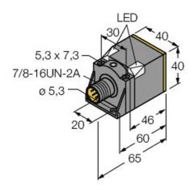 Rysunek wtyczki prostokątnej z diodą LED. Wymiary: 40x40x65 mm. Gwint 7/8-16UN-2A, otwór 5,3 mm. Zaznaczone wymiary i strzałki.