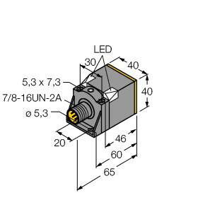 Rysunek techniczny wtyczki z diodą LED. Wymiary: 65 mm długości, 40 mm wysokości, 30 mm szerokości. Złącze: 7/8-16UN-2A.