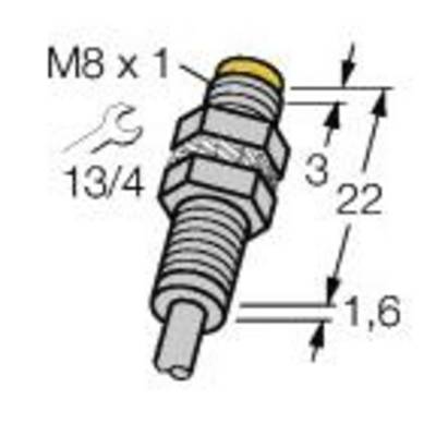 Diagram śruby z wymiarami: 'M8 x 1', całkowita długość 22 mm, średnica 1,6 mm, rozmiar klucza '13/4'.