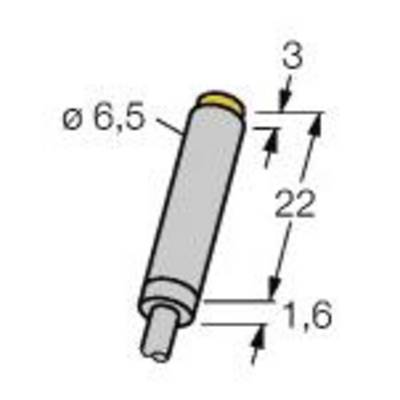 Rysunek techniczny pojedynczego metalowego gwoździa. Długość: 22 mm, średnica: 6,5 mm, ze stopniowanym uskokiem wynoszącym 3 mm i 1,6 mm.