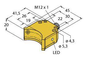 Rysunek techniczny żółtego elementu z wymiarami: szerokość 41,5 mm i 45 mm, wysokość 20 mm. Zaznaczone szczegóły takie jak dioda LED i otwory montażowe.