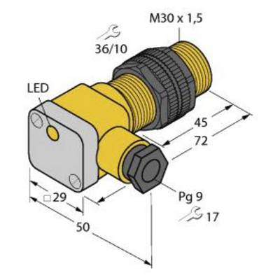 Rysunek techniczny zaworu hydraulicznego z wymiarami: króciec zbiornika M30 x 1,5, długość 72 mm, szerokość 50 mm. Złącze gwintowane Pg 9.