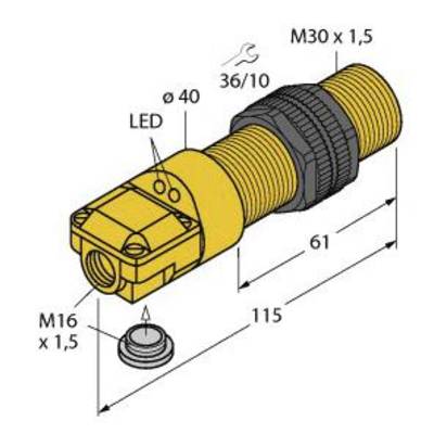 Rysunek cylindrycznego czujnika z gwintem M30 x 1,5, wskaźnikiem LED oraz wymiarami: długość 115 mm, średnica 40 mm, wraz z uszczelką M16 x 1,5.