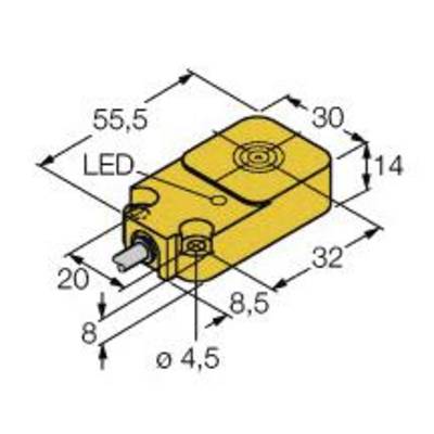 Rysunek prostokątnej obudowy o wymiarach: 55,5 x 30 x 14 mm. Zawiera diodę LED, otwory o średnicy 4,5 mm, widoczna oś o długości 20 mm.