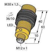 Rysunek techniczny cylindrycznego złącza o wymiarach: długość 63 mm, średnica M30 x 1,5 i M12 x 1. Wyposażony w diodę LED.