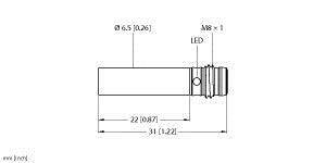 Rysunek techniczny cylindrycznego elementu z gwintem M8x1, wskaźnikiem LED oraz wymiarami: długość 31, średnica 6,5 mm.