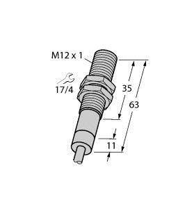 Schemat świecy zapłonowej z wymiarami: długość 63 mm, gwint M12 x 1, długość gwintu 35 mm, długość złącza 11 mm, rozmiar klucza 17/4.