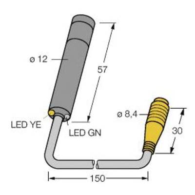 Rysunek techniczny złącza z wymiarami: całkowita długość 150 mm, lewa część ø12 mm, prawa część ø8,4 mm. Diody LED oznaczone jako 'LED YE' i 'LED GN'.