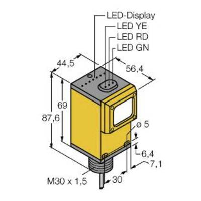 Jest to rysunek techniczny żółtego czujnika z wyświetlaczem LED, zawierający wymiary. Opisy wskazują 'LED YE', 'LED RD', 'LED GN'.