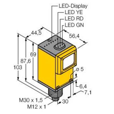 Rysunek techniczny czujnika z diodami LED (żółtą, czerwoną, zieloną), wymiary w milimetrach oraz parametry gwintów M30 x 1,5, M12 x 1.