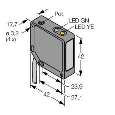Rysunek techniczny prostokątnego czujnika z wymiarami: 42 mm wysokości, 23,9 mm szerokości, 27,1 mm głębokości. Oznaczenia potencjometru i diod LED.