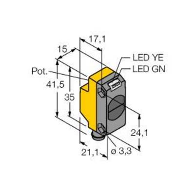 Rysunek techniczny prostokątnego żółtego czujnika z wymiarami: wysokość 41,5 mm, szerokość 17,1 mm. Oznaczenia miejsc na diody LED i potencjometry.