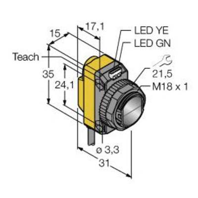 Rysunek techniczny czujnika z wymiarami, wskaźnikami LED 'LED YE' i 'LED GN' oraz kluczem do śrub M18 x 1.