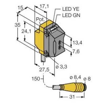 Rysunek techniczny wtyczki elektrycznej o wymiarach: 17,1 x 15 x 35 mm. Opisany etykietami 'LED Żółty', 'LED Zielony' i 'Pot.'.