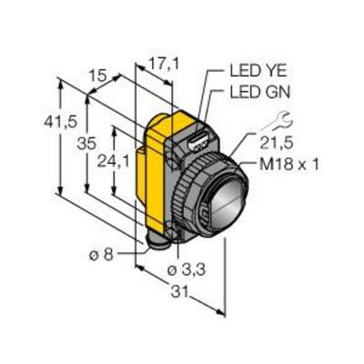 Rysunek techniczny żółtego czujnika z wymiarami i szczegółami przyłączy, w tym wskaźnikami LED dla 'LED YE' i 'LED GN'.