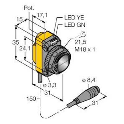Rysunek techniczny cylindrycznego czujnika z wymiarami i szczegółami przyłączy. Przedstawia pozycję diody LED, potencjometru i złącza.