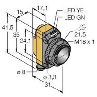 Rysunek sensora z wymiarami: szerokość 17,1 mm, wysokość 41,5 mm, głębokość 35 mm. Wskaźniki LED YE i GN. Złącze M18 x 1.