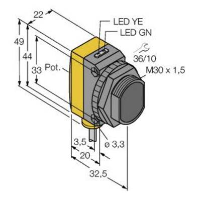 Rysunek techniczny czujnika. Wymiary: 49 mm wysokości, 22 mm szerokości, 32,5 mm długości. Zawiera oznaczenia LED: 'LED YE', 'LED GN'.